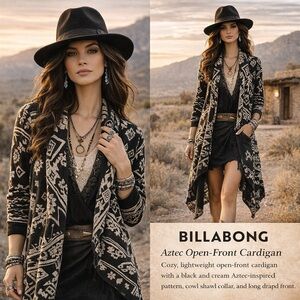 Billabong Aztec Print Open Front Cardigan | Cowl Neck Boho Western Duster S/P